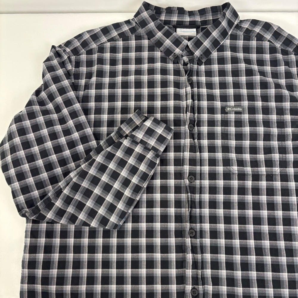 Columbia Mens Plaid Button Down Shirt Black Gray Check Long Sleeve Cotton XL